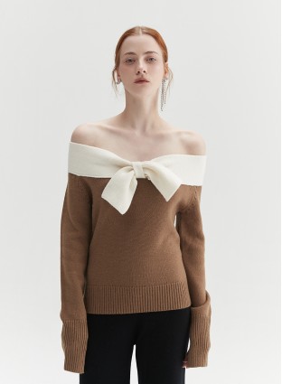 BOWTIE OFF-SHOULDER KNIT (CAMEL)