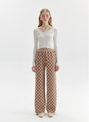 CHECKERED KNIT PANTS (CAMEL AND WHITE)