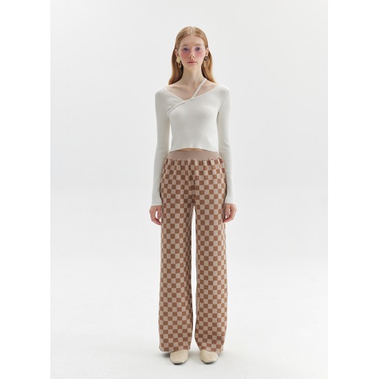 CHECKERED KNIT PANTS (CAMEL AND WHITE)