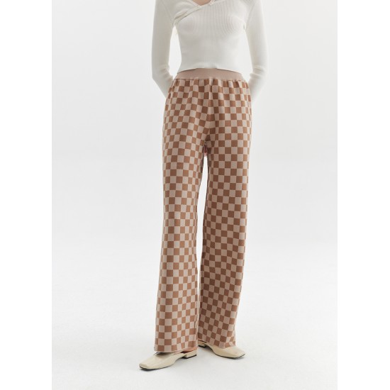 CHECKERED KNIT PANTS (CAMEL AND WHITE)