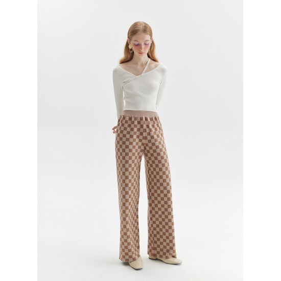 CHECKERED KNIT PANTS (CAMEL AND WHITE)