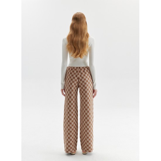 CHECKERED KNIT PANTS (CAMEL AND WHITE)