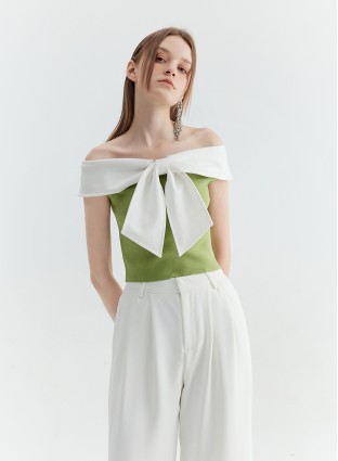 PORTIA BOWTIE TOP (GREEN AND IVORY)